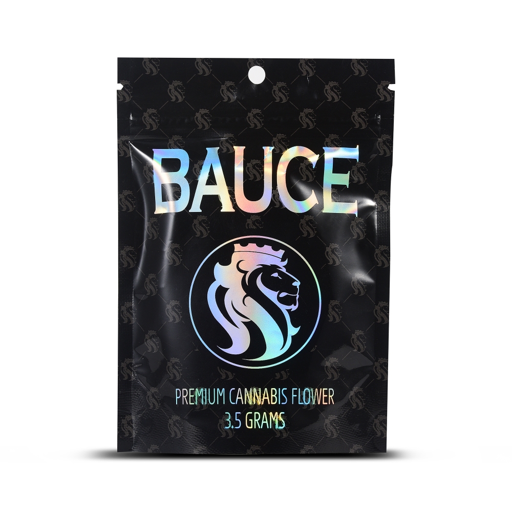 Sachet mylar holographique personnalisé pour fleur de cannabis de 3,5g sur fond noir