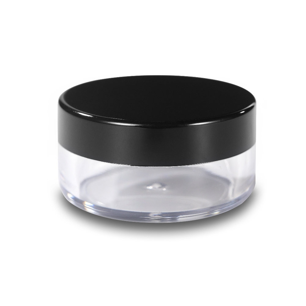 Pot de concentré transparent de 5g avec couvercle noir pour l'emballage de la cire de cannabis, du shatter, de la rosine et des dabs.