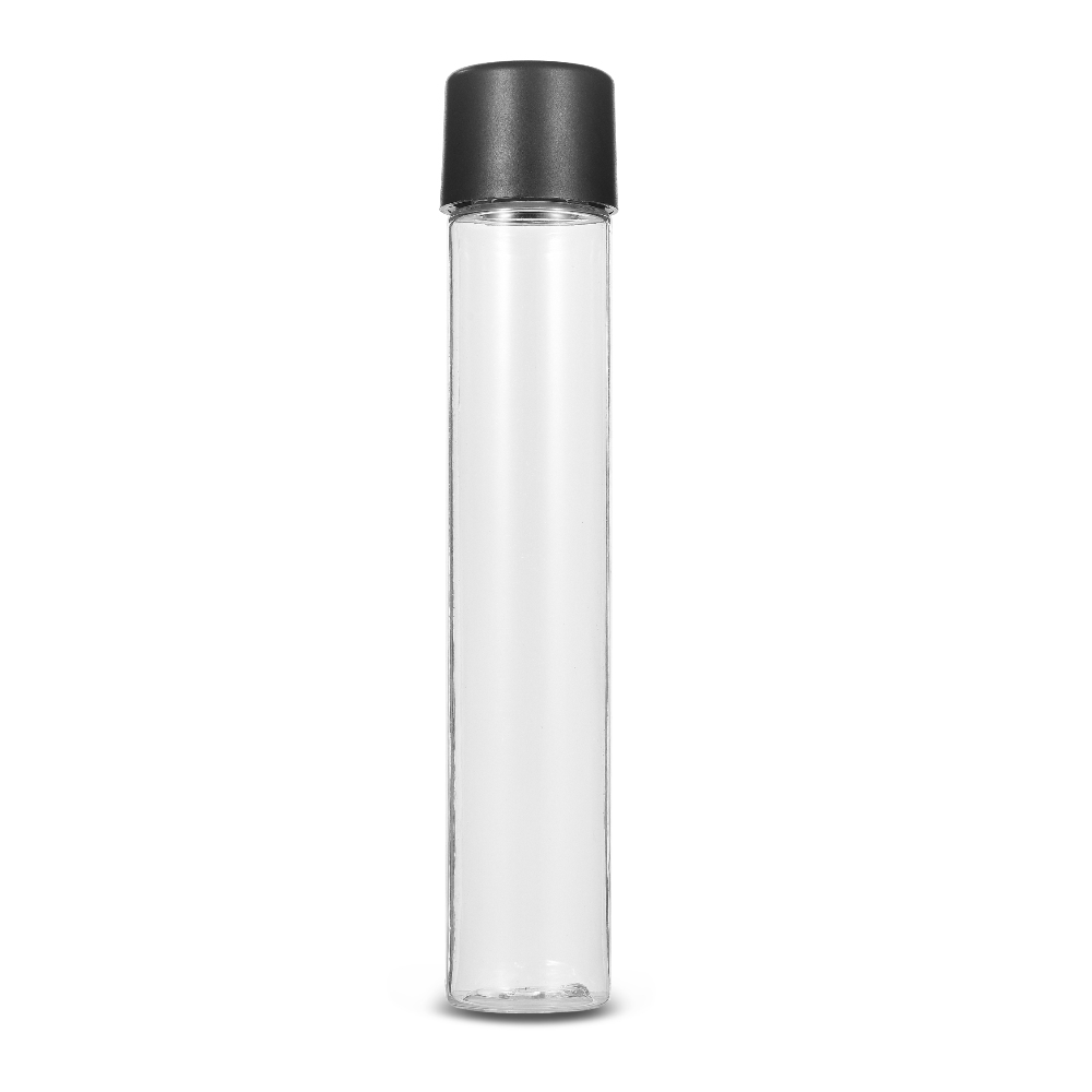 clear glass pre-roll tube with black child resistant cap for cannabis joint and blunt packaging