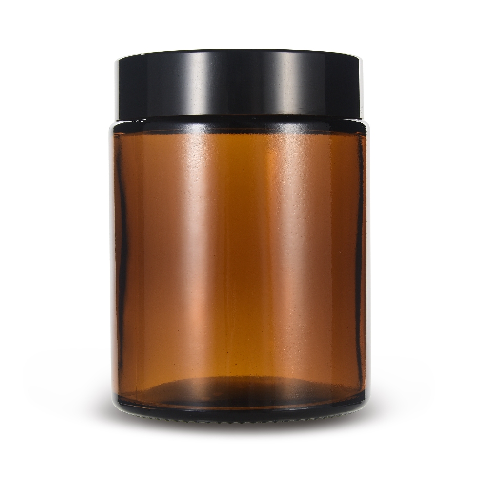 Amber glass cannabis flower jar with black screw cap for marijuana and CBD buds packaging