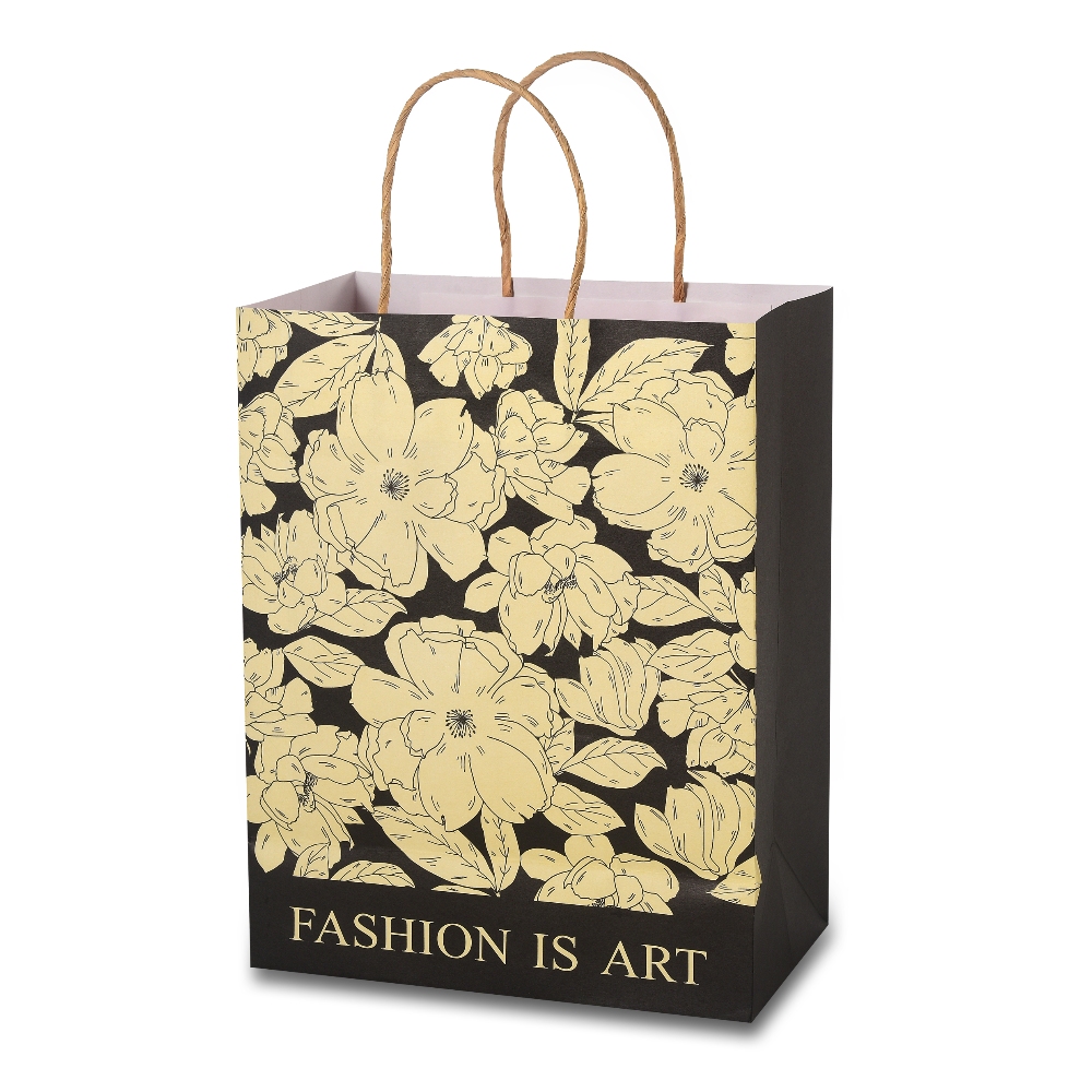 Black fashion paper shopping bag with twisted kraft handles for clothing and accessories packaging.