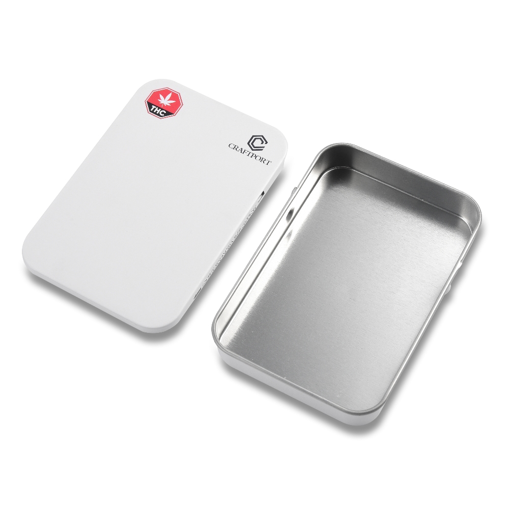Slim white child-resistant cannabis tin box with THC warning icon and custom logo, ideal for packaging edibles, mints and pre-rolls.