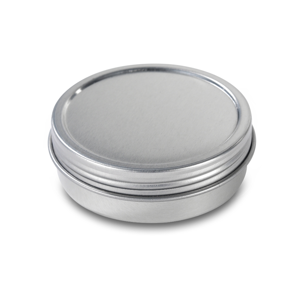 Small round metal balm tin for cannabis CBD salve, THC topical and hemp skincare packaging.