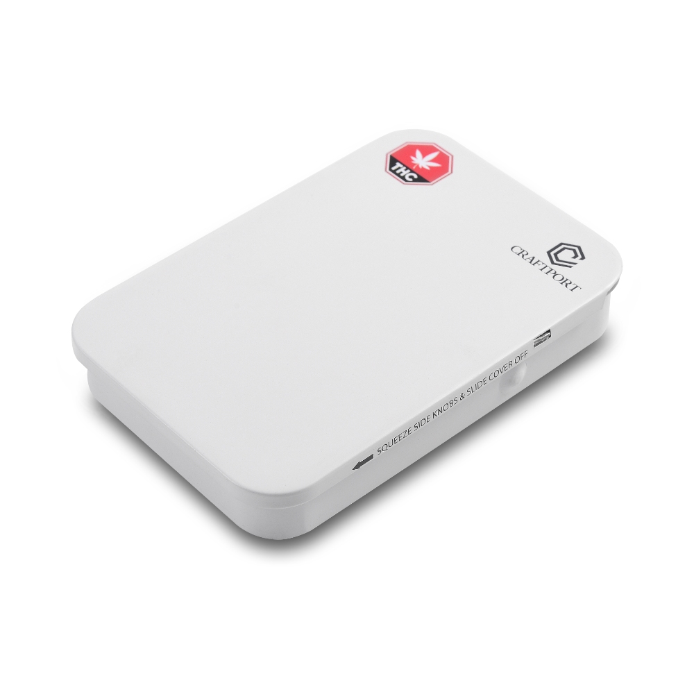 Slim white child-resistant cannabis tin box with THC warning icon and custom logo, ideal for packaging edibles, mints and pre-rolls
