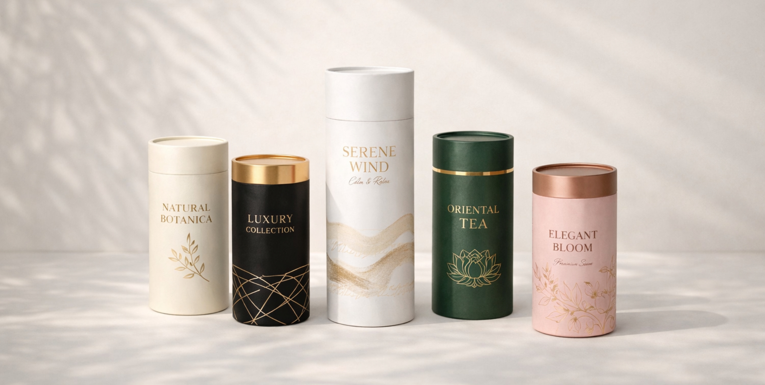 Premium custom printed cylinder packaging tubes designed for food grade tea, coffee, and luxury pre-roll multipacks.