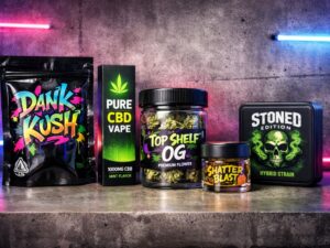 Various sizes of stand-up Mylar pouches used for professional supplement storage and retail display.