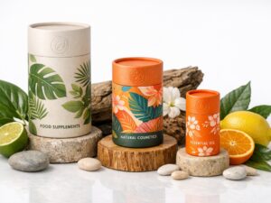 Eco-friendly protective materials and paper tubes integrated into fragile product packaging for zero-damage boutique shipping.