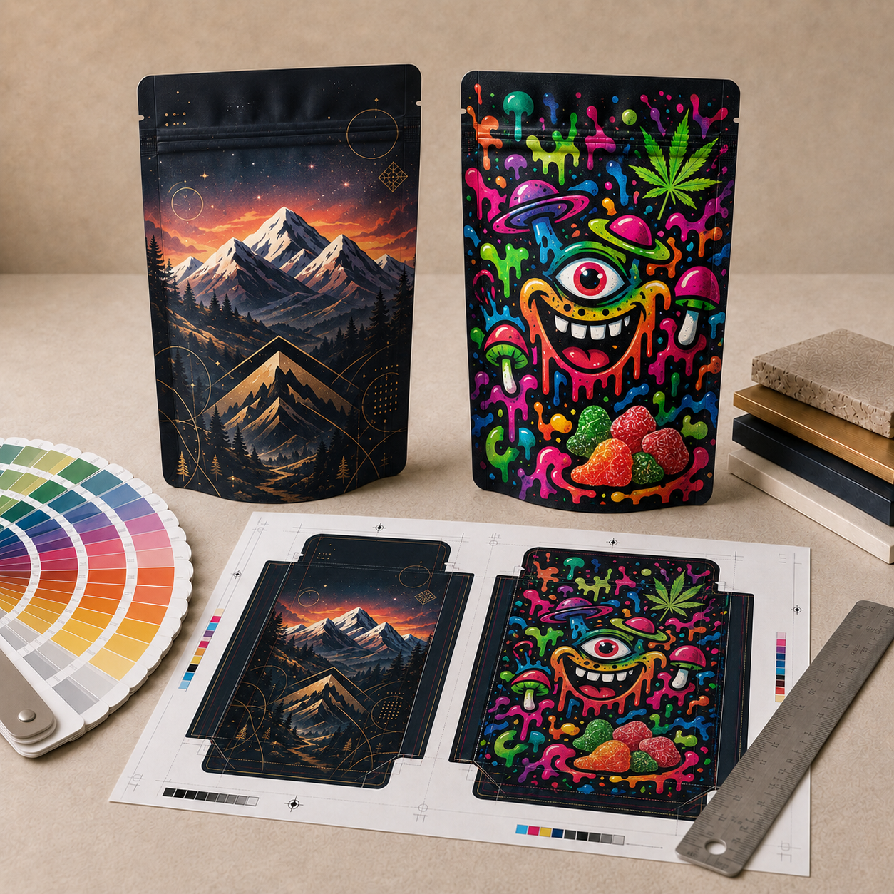 Cannabis mylar bag dieline artwork and sample development support