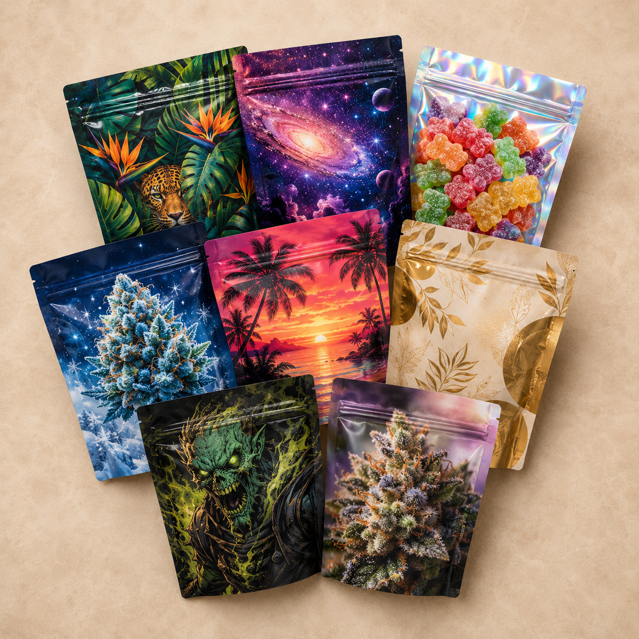 Custom printed cannabis mylar bags with multiple artwork styles