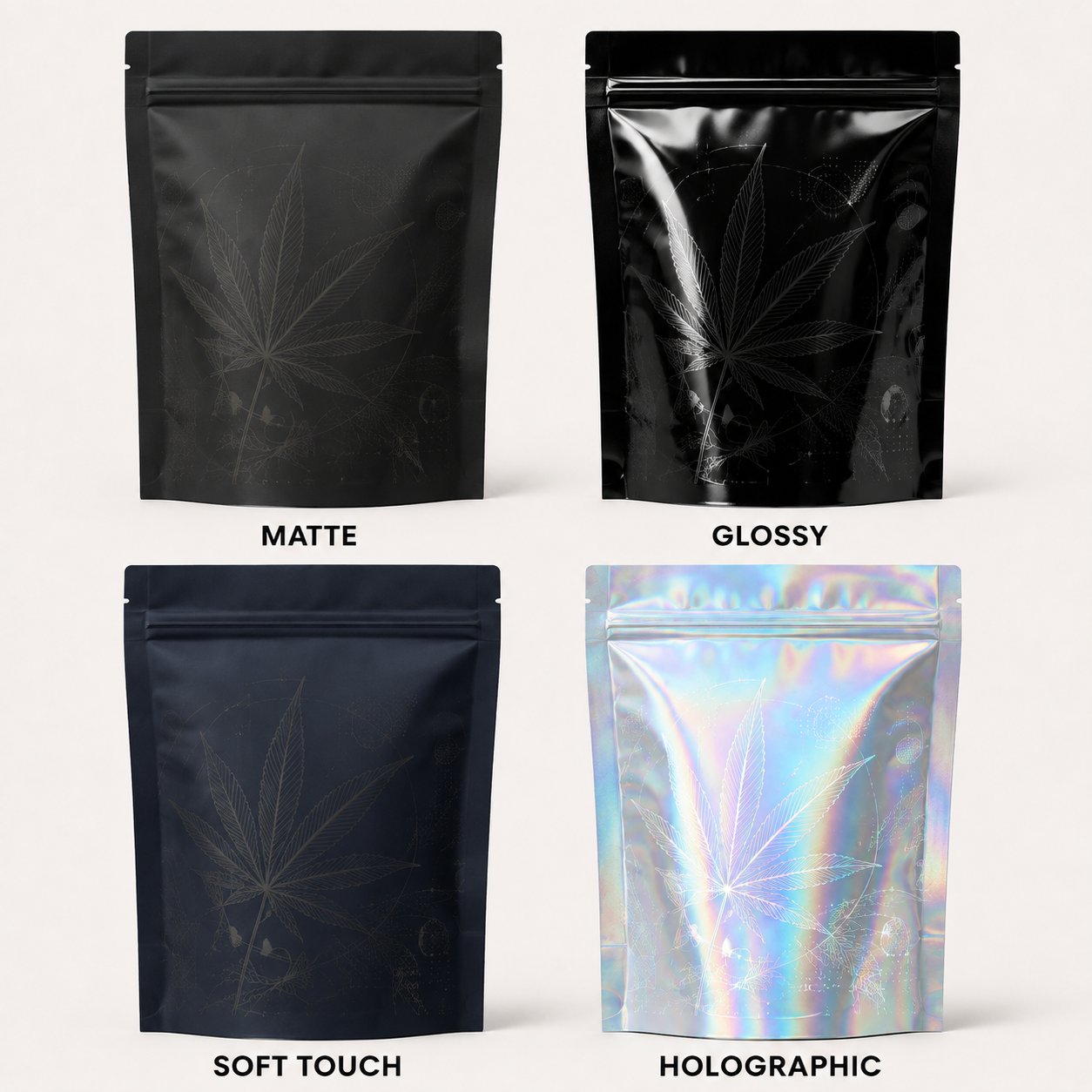 Matte glossy soft-touch and holographic pouch finishes